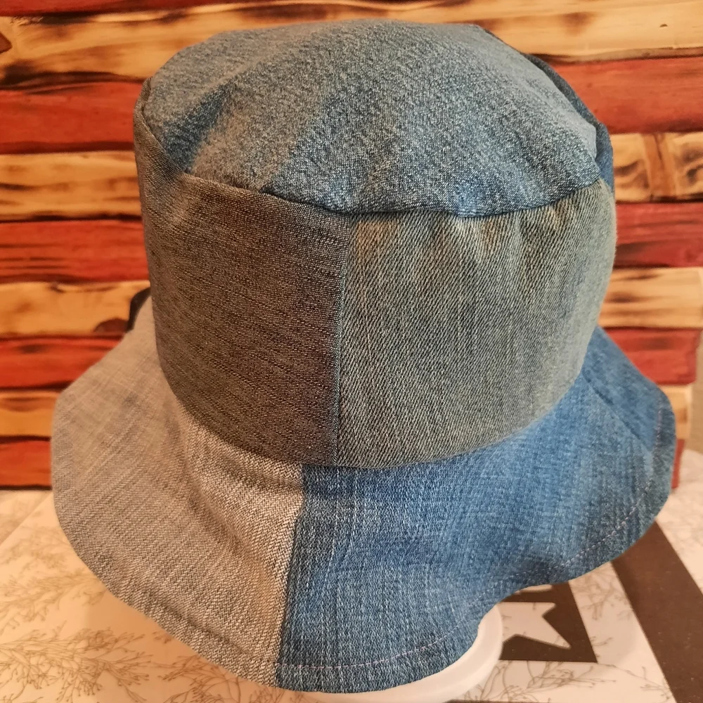 Handmade denim patch scrap bucket Hat M-L tie dye brim
